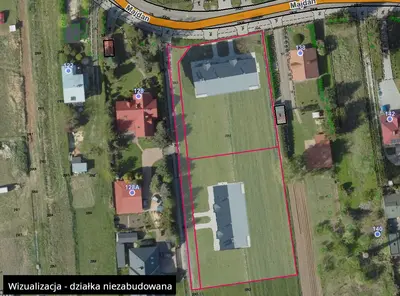 Propozycja podziału i zabudowy działki: dwa domy jednorodzinne dwulokalowe na działkach 1500m². Właścicielowi jednego lokalu przypada ok. 750m² ziemi