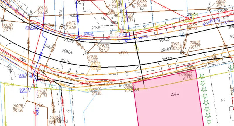 Działka 249/1 - widoczne dostępne media - prąd (czerwony), gaz (żółty), kanalizacja sanitarna ks (brązowy) i światłowód (ts)